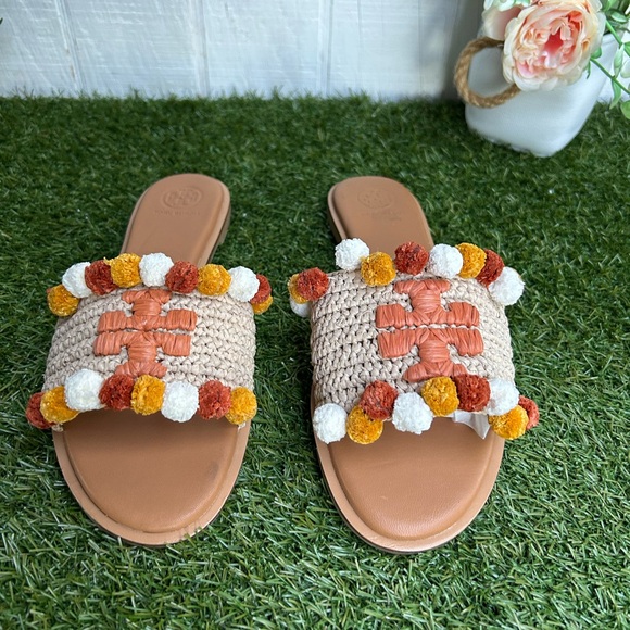 TORY BURCH women EVERLY RAFFIA SLIDE POM POMS SANDAL IN TAN size 8.5 NEW - Picture 6 of 16